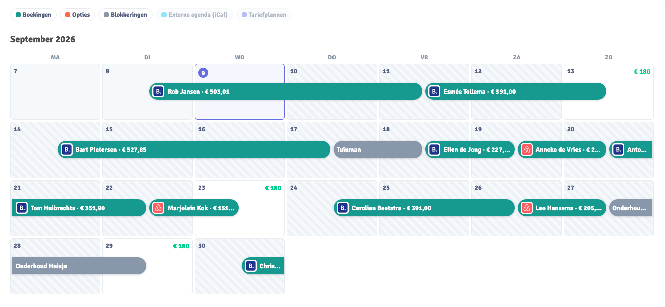 Example of the Voyando calendar with bookings from several platforms